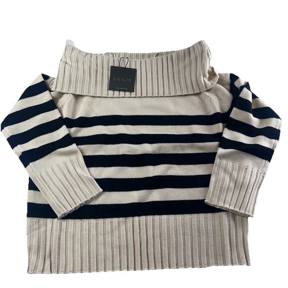 Le Lis Off The Shoulder Sweater Black Striped Womens Small Knit NWT Neutral Cozy - Picture 1 of 9